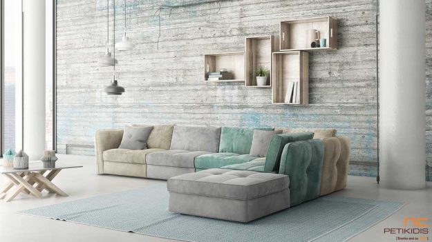 Σαλόνι γωνία Joy με ξεχωριστά κομμάτια και τη δυνατότητα προσαρμογής της διάστασης ανάλογα τις απαιτήσεις του χώρου. Ύφασμα σε βελούδο αλέκιαστο και αδιάβροχο σε συνδυασμό χρωμάτων γκρι, πράσινο και λαδί.