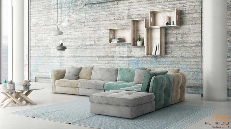 Σαλόνι γωνία Joy με ξεχωριστά κομμάτια και τη δυνατότητα προσαρμογής της διάστασης ανάλογα τις απαιτήσεις του χώρου. Ύφασμα σε βελούδο αλέκιαστο και αδιάβροχο σε συνδυασμό χρωμάτων γκρι, πράσινο και λαδί.