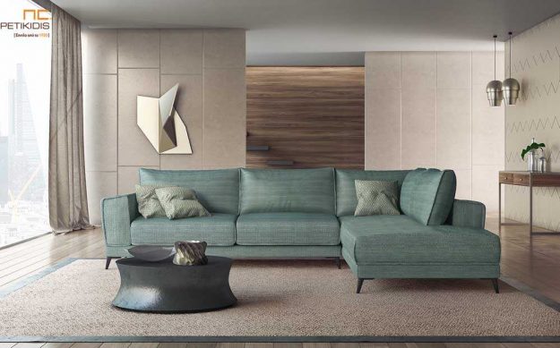 Κλασική Τραπεζαρία Σαλόνι γωνία Natura με μεταλλικά πόδια και ύφασμα σε πράσινους τόνους αδιάβροχο.