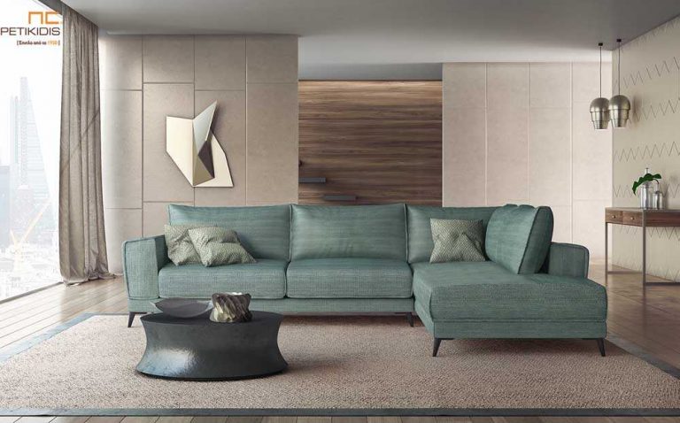 Σαλόνι γωνία Natura με μεταλλικά πόδια και ύφασμα σε πράσινους τόνους αδιάβροχο.