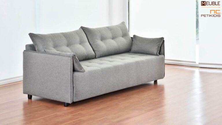 Καναπές κρεβάτι Ικαρία σε μοντέρνα γραμμή, με μηχανισμό ανάκλησης. Φοράει αδιάβροχο αλέκιαστο ύφασμα σε αποχρώσεις του γκρι. Υπάρχει δυνατότητα αλλαγής υφάσματος.