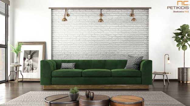 Καναπές Velvet με ξύλινη βάση με πράσινο βελούδινο ύφασμα αδιάβροχο.