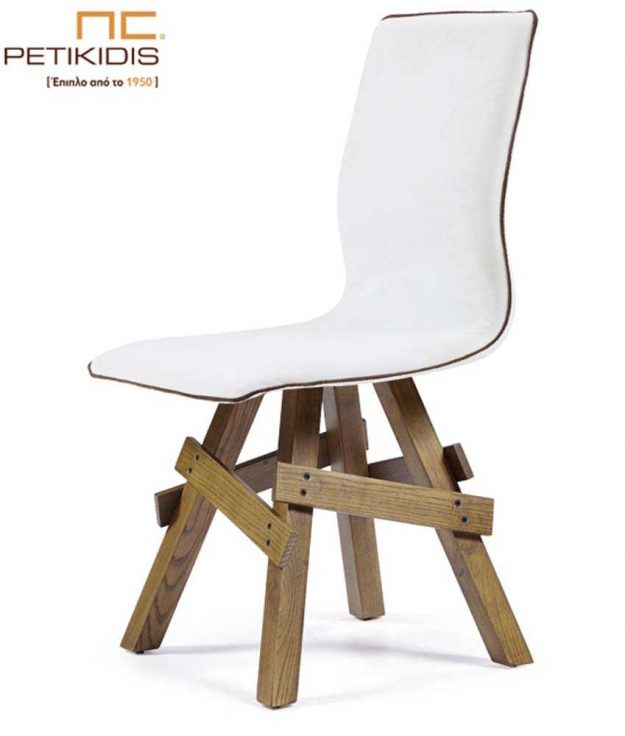 Κλασική Τραπεζαρία Καρέκλα Νο36 με πόδια σε ρουστίκ σχεδιασμό από μασίφ ξύλο δρυς. Η πλάτη είναι ενιαία με το κάθισμα και επενδεδυμένα με τεχνόδερμα λευκό και λεπτομέρεια σε σκούρο χρώμα κορδόνι στην άκρη.