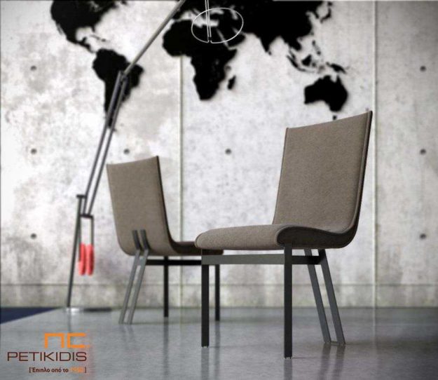 Καρέκλα Nouovo με μεταλλικό σκελετό σε πολύ ιδιαίτερο σχέδιο με τρία πόδια. To κάθισμα είναι με ύφασμα σε γκρι μπεζ τόνους, αδιάβροχο και αλέκιαστο.