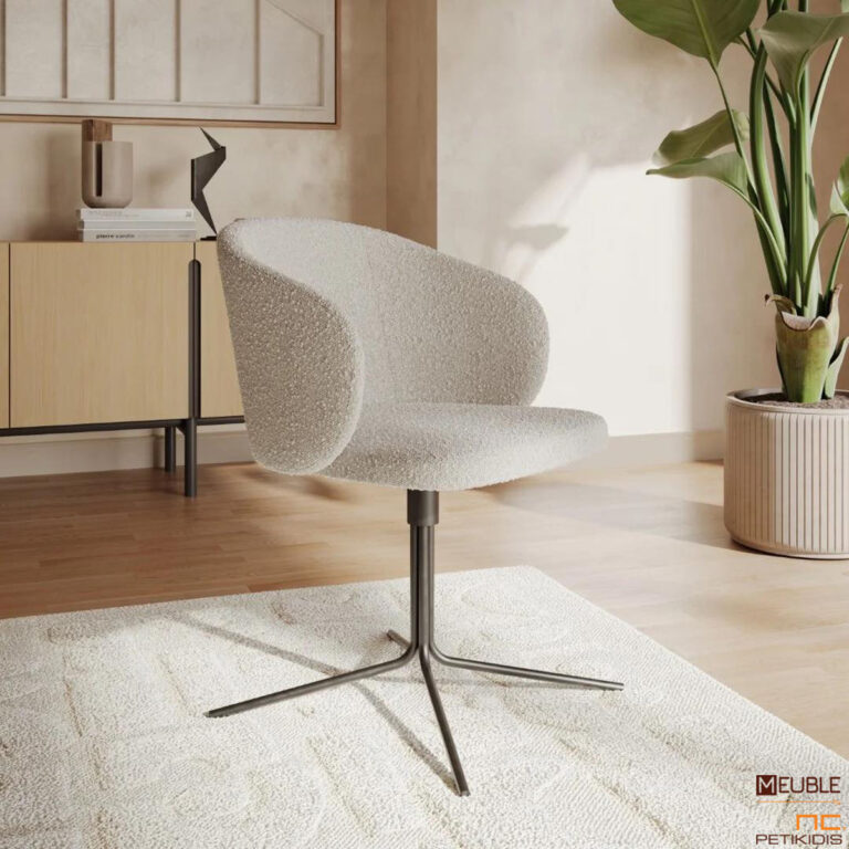 Καρέκλα Celeste σε μίνιμαλ και μοντέρνο σχεδιασμό, με μεταλλική περιστρεφόμενη βάση. Ύφασμα μπουκλέ αδιάβροχο και αλέκιαστο σε μπέζ - καφέ τόνου. Λεπτομέρεια.