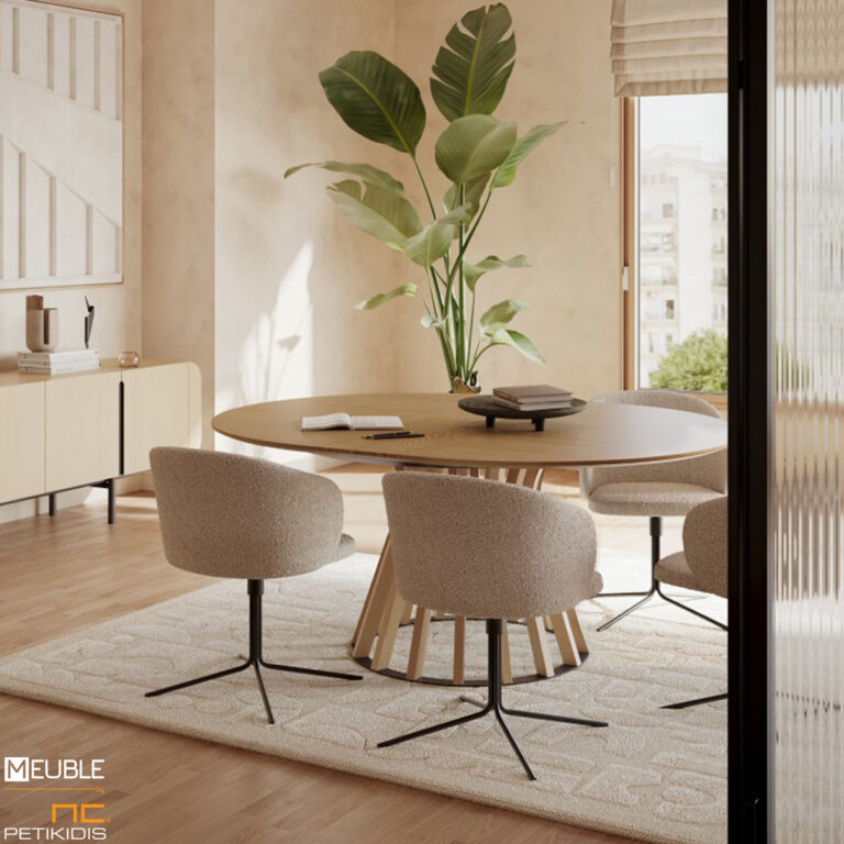 Καρέκλα Celeste σε μίνιμαλ και μοντέρνο σχεδιασμό, με μεταλλική περιστρεφόμενη βάση. Ύφασμα μπουκλέ αδιάβροχο και αλέκιαστο σε μπέζ - καφέ τόνου. Λεπτομέρεια.