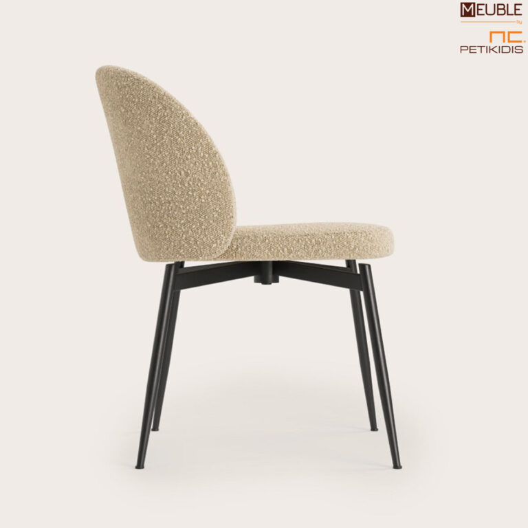 Καρέκλα Celine σε μίνιμαλ και μοντέρνο σχεδιασμό, με μεταλλική περιστρεφόμενη βάση. Ύφασμα μπουκλέ αδιάβροχο και αλέκιαστο σε μπέζ τόνους.