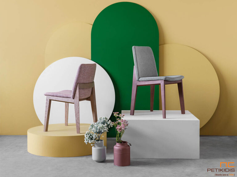 Καρέκλα Talia με ξύλινη βάση και ιδιαίτερη ξύλινη λεπτομέρεια στην πλάτη.Το ύφασμα είναι αδιάβροχο και αλέκιαστο σε γκρι τόνους. Διατίθεται σε μεγάλη ποικιλία χρωμάτων ξύλου κια υφασμάτων.