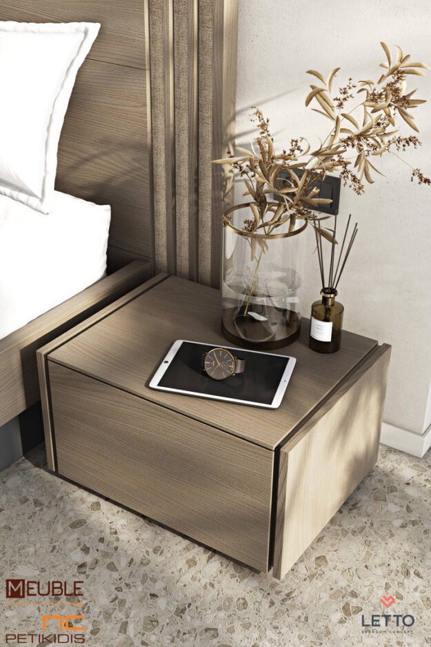 Μοντέρνες Κρεβατοκάμαρες Letto Κρεβατοκάμαρα Cliff collection D17 σε minimal style κατασκευασμένη από φυσικό ξύλο δρυς και στοιχεία ψάθας στο κεφαλάρι. Λεπτομέρεια κομοδίνου.