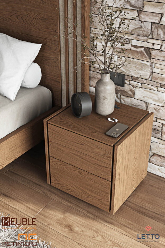 Μοντέρνες Κρεβατοκάμαρες Letto Κρεβατοκάμαρα Cliff collection D16 σε minimal style κατασκευασμένη από φυσικό ξύλο δρυς και στοιχεία ψάθας στο κεφαλάρι. Λεπτομέρεια κομοδίνου με 2 συρτάρια.