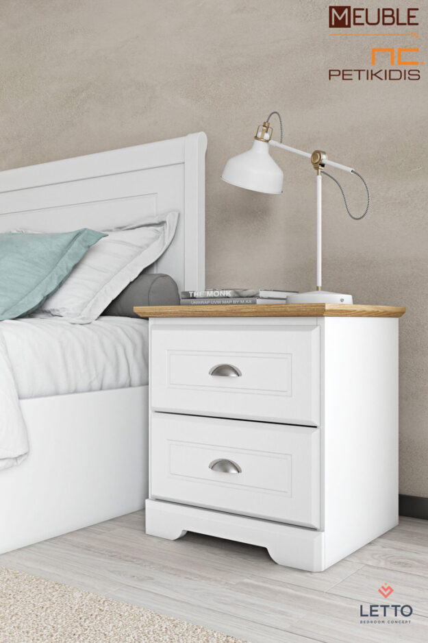 Μοντέρνες Κρεβατοκάμαρες Letto κρεβατοκάμαρα με αποθηκευτικό χώρο στο κρεβάτι Land collection L21 matte κατασκευασμένη από μασίφ ξύλο δρυς και λάκα σε ποικιλία χρωμάτων. Λεπτομέρεια κομοδίνου.