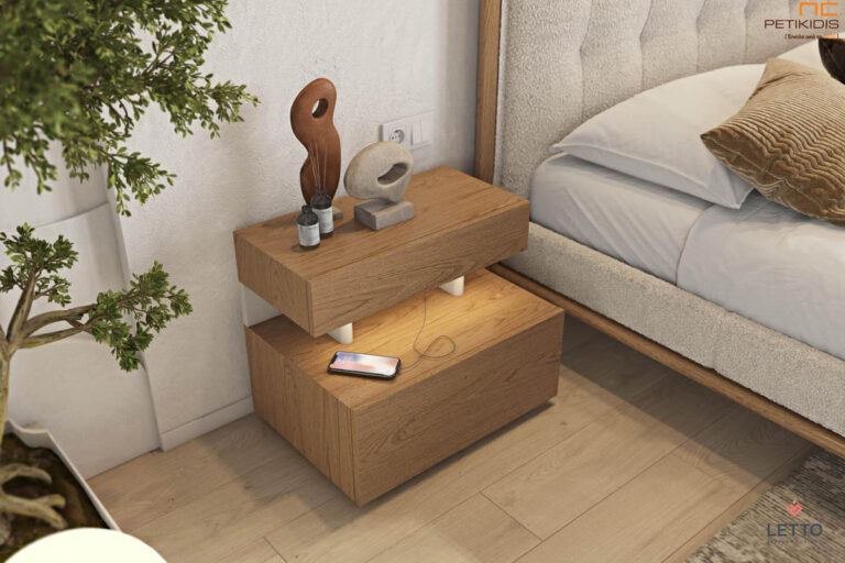 Κρεβατοκάμαρα Ascott σε μοντέρνο και minimal style. Κατασκευάζεται από μασίφ ξύλο δρυς και ύφασμα αλέκιαστο αδιάβροχο. Τα κομοδίνα κατασκευάζονται με καπλαμά φυσικού δρυς και λεπτομέρειες λάκας. Διαθέτει προαιρετικά λεπτομέρειες φωτισμού στο κομοδίνο και το κρεβάτι.