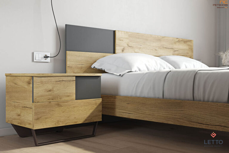 Κρεβατοκάμαρα City με τεχνητό καπλαμά δύο χρωμάτων και μεταλλικά πόδια. Μοντέρνα και minimal γραμμή. Λεπτομέρεια κομοδίνου.