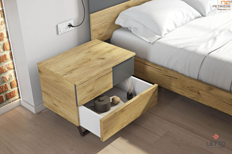 Κρεβατοκάμαρα City με τεχνητό καπλαμά δύο χρωμάτων και μεταλλικά πόδια. Μοντέρνα και minimal γραμμή. Λεπτομέρεια κομοδίνου.