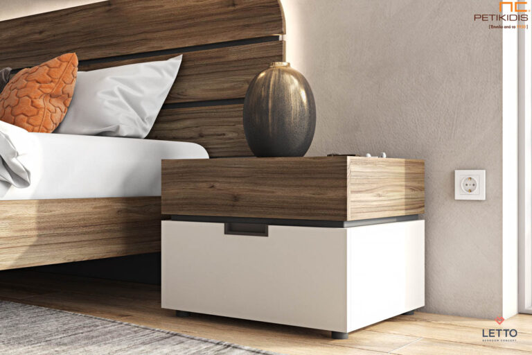 Κρεβατοκάμαρα Cosmos σε τεχνητό καπλαμά με δύο χρώματα. Μοντέρνα αισθητική με minimal design. Λεπτομέρεια κομοδίνου.