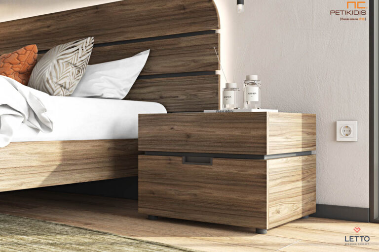 Κρεβατοκάμαρα Cosmos σε τεχνητό καπλαμά. Μοντέρνα αισθητική με minimal design. Λεπτομέρεια κομοδίνου.