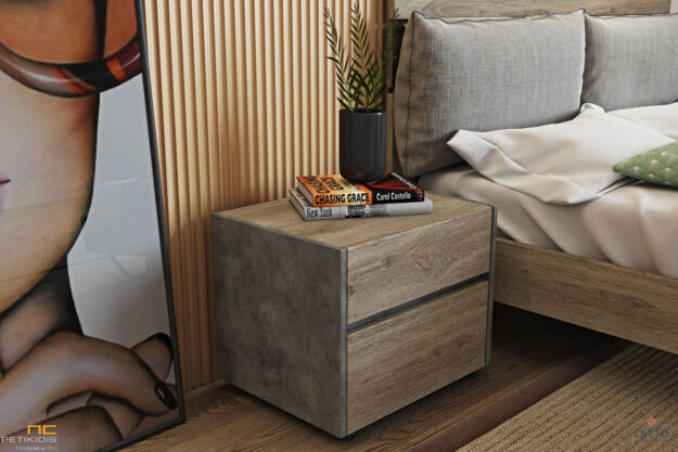 Κλασική Τραπεζαρία Κρεβατοκάμαρα Joy από τεχνητό καπλαμά σε δύο χρώματα με μεταλλικό πόδι και μαξιλάρες στο κρεβάτι. Μοντέρνο και minimal ιδανικό για μικρούς χώρους. Λεπτομέρεια κομοδίνου.