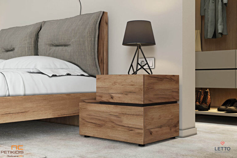 Κρεβατοκάμαρα Loft από τεχνητό καπλαμά με μαξιλάρες στο κεφαλάρι. Οι μαξιλάρες είναι αποσπώμενες για εύκολο καθάρισμα. Μοντέρνο style ιδανικό για μικρούς χώρους. Λεπτομέρεια κομοδίνου.