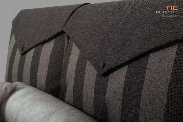 Υφασμάτινο κρεβάτι Bettina της Linea Strom σε καφέ ύφασμα μονόχρωμο και ρίγα στις μαξιλάρες του κεφαλαριού. Το ύφασμα είναι αποσπώμενο και από τη βάση και από το κεφαλάρι για εύκολο καθάρισμα. Λεπτομέρεια μαξιλάρας.