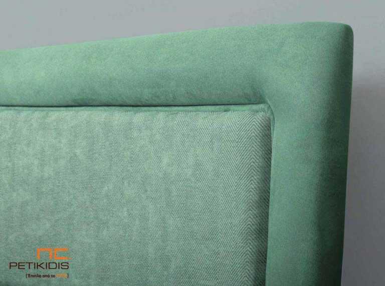 Υφασμάτινο κρεβάτι Ermina της Linea Strom σε ανοιχτό πράσινο μονόχρωμο ύφασμα. Λεπτομέρεια κεφαλαριού.