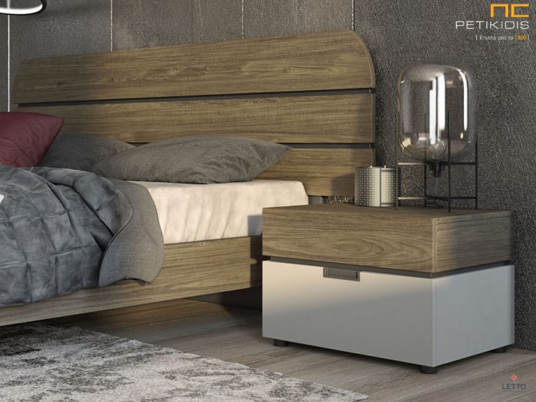 Κρεβατοκάμαρα Cosmos σε βακελίτη με δύο χρώματα. Μοντέρνα αισθητική με minimal design. Το κεφαλάρι διαθέτει φωτισμό. Κομοδίνο.