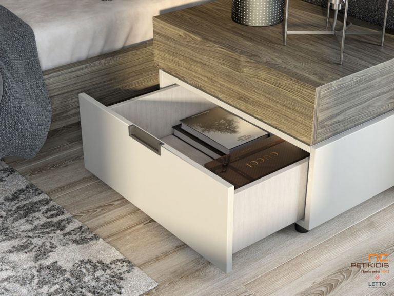 Κρεβατοκάμαρα Cosmos σε βακελίτη με δύο χρώματα. Μοντέρνα αισθητική με minimal design. Το κεφαλάρι διαθέτει φωτισμό. Κομοδίνο λεπτομέρεια.