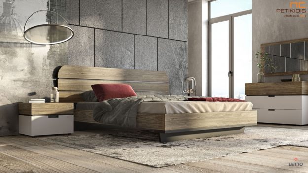 Κλασική Τραπεζαρία Κρεβατοκάμαρα Cosmos σε βακελίτη με δύο χρώματα. Μοντέρνα αισθητική με minimal design. Το κεφαλάρι διαθέτει φωτισμό. Λεπτομέρεια ποδαρικού.