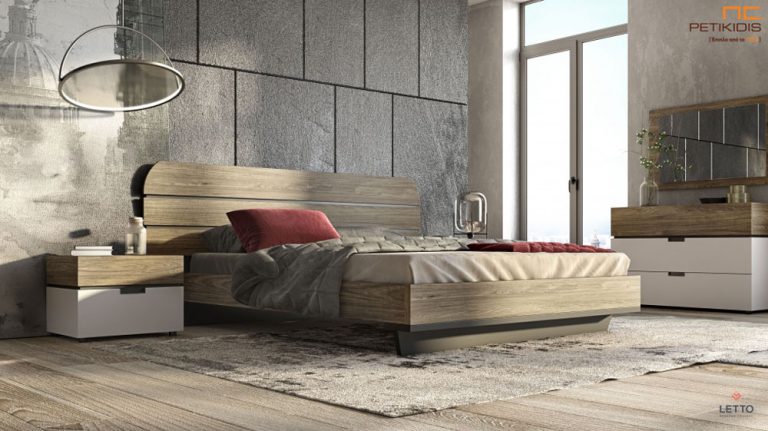 Κρεβατοκάμαρα Cosmos σε βακελίτη με δύο χρώματα. Μοντέρνα αισθητική με minimal design. Το κεφαλάρι διαθέτει φωτισμό. Λεπτομέρεια ποδαρικού.