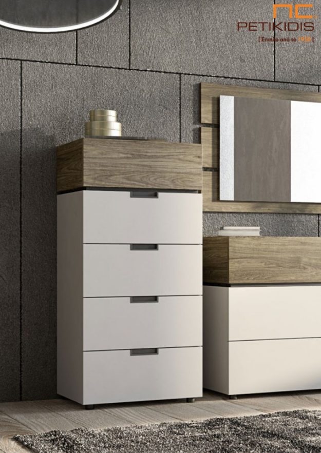 Κλασική Τραπεζαρία Κρεβατοκάμαρα Cosmos σε βακελίτη με δύο χρώματα. Μοντέρνα αισθητική με minimal design. Το κεφαλάρι διαθέτει φωτισμό. Συρταριέρα.