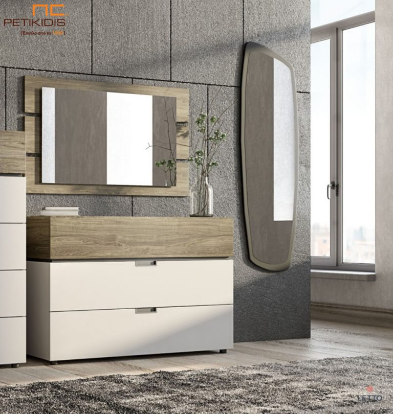 Κρεβατοκάμαρα Cosmos σε τεχνητό καπλαμά με δύο χρώματα. Μοντέρνα αισθητική με minimal design. Συρταριέρα, τουαλέτα, καθρέπτης, ολόσωμος καθρέπτης.