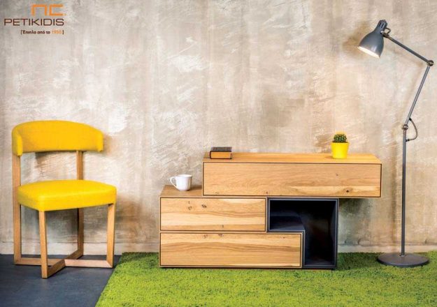 Κλασική Τραπεζαρία Τουαλέτα κρεβατοκάμαρας Cube από ξύλο δρυς ρουστίκ και λεπτομέρεια λάκας.