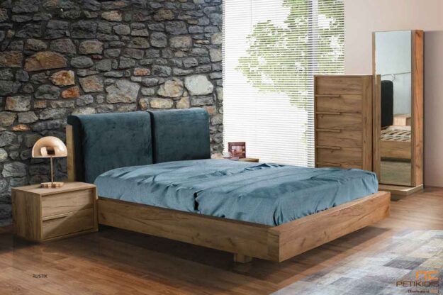 Μοντέρνες Κρεβατοκάμαρες Κρεβατοκάμαρα Rustic από τεχνιτό καπλαμά ρουστίκ με μαξιλάρες στο κεφαλάρι και ύφασμα αλέκιαστο αδιάβροχο.