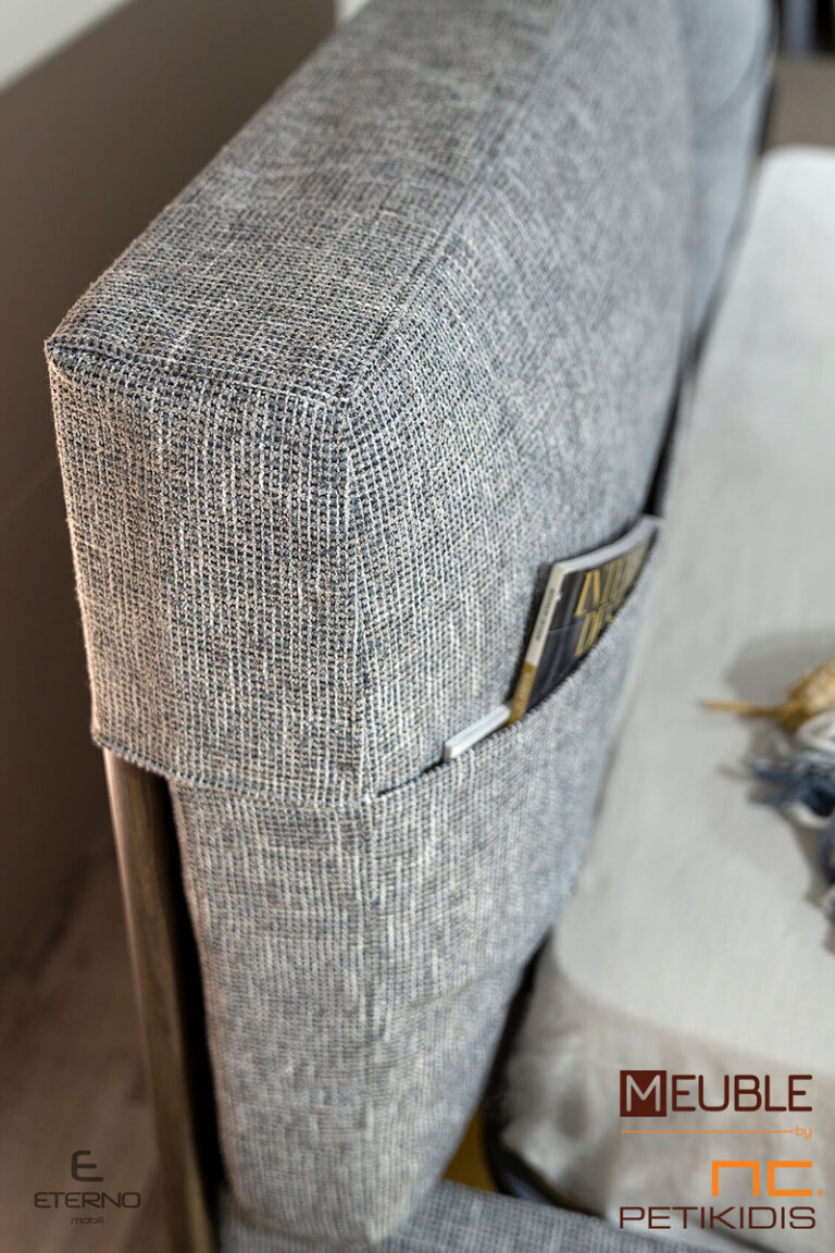 Λεπτομέρεια κεφαλαριού της κρεβατοκάμαρας Wish από ξύλο δρυς, λάκα ματ και αδιάβροχο - αλέκιαστο ύφασμα. Σχεδιασμένη με καμπύλες γραμμές και μοντέρνα φόρμα. Τα στοιχεία που την κάνουν ιδιαίτερη είναι η "τσέπη" στο κεφαλάρι και τα κομοδίνα με τον ενσωματωμένο φωτισμό.