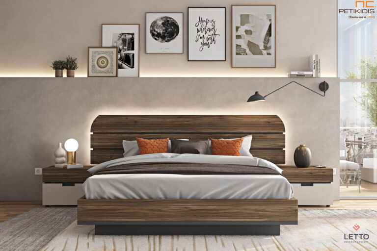 Κρεβατοκάμαρα Cosmos σε τεχνητό καπλαμά με δύο χρώματα. Μοντέρνα αισθητική με minimal design. Το κεφαλάρι διαθέτει φωτισμό.