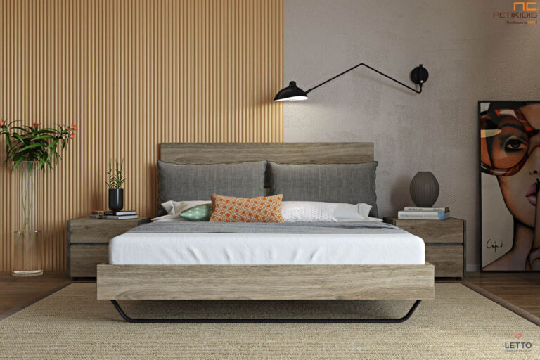 Κρεβατοκάμαρα Joy από τεχνητό καπλαμά σε δύο χρώματα με μεταλλικό πόδι και μαξιλάρες στο κρεβάτι. Μοντέρνο και minimal ιδανικό για μικρούς χώρους.