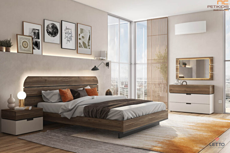 Κρεβατοκάμαρα Cosmos σε τεχνητό καπλαμά με δύο χρώματα. Μοντέρνα αισθητική με minimal design. Το κεφαλάρι και ο καθρέπτης διαθέτουν προαιρετικό φωτισμό.