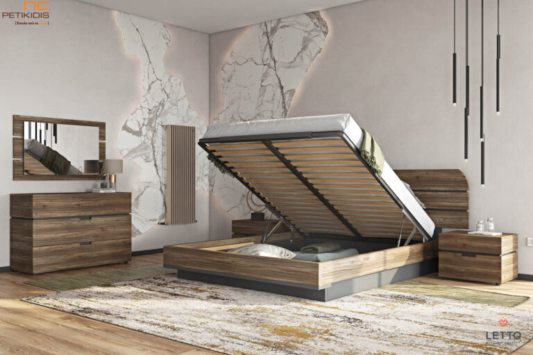 Κρεβατοκάμαρα Cosmos σε τεχνητό καπλαμά. Μοντέρνα αισθητική με minimal design. Το κεφαλάρι διαθέτει προαιρετικό φωτισμό. Δίνεται η δυνατότητα να κατασκευαστεί με αποθηκευτικό χώρο κάτω από το κρεβάτι.