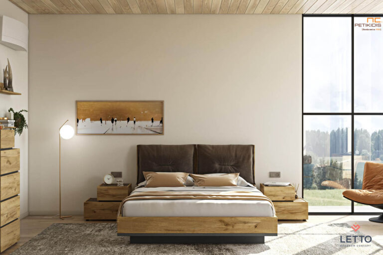 Κρεβατοκάμαρα Loft από τεχνητό καπλαμά με μαξιλάρες στο κεφαλάρι. Οι μαξιλάρες είναι αποσπώμενες για εύκολο καθάρισμα. Μοντέρνο style ιδανικό για μικρούς χώρους.