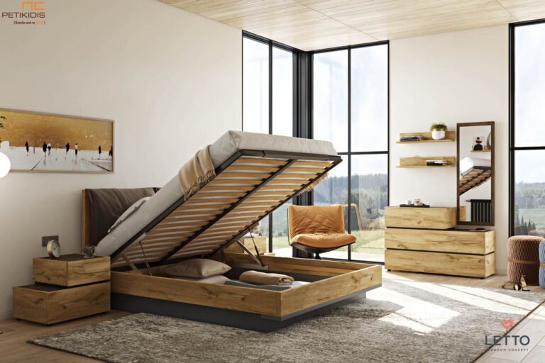 Κρεβατοκάμαρα Loft από τεχνητό καπλαμά με μαξιλάρες στο κεφαλάρι. Οι μαξιλάρες είναι αποσπώμενες για εύκολο καθάρισμα. Μοντέρνο style ιδανικό για μικρούς χώρους. Διαθέτει προαιρετικά μηχανισμό αποθηκευτικού χώρου στο κρεβάτι.