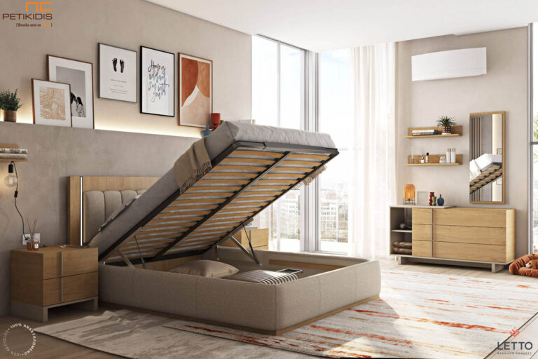 Κρεβατοκάμαρα Mod κατασκευασμένη από τεχνητό καπλαμά , ύφασμα σε εκρού απόχρωση αλέκιαστο και λεπτομέρειες λάκας. Μοντέρνος και minimal σχεδιασμός. Διαθέτει φωτισμό led στο κεφαλάρι με εύκολή χρήση καθώς διαθέτει κουμπί ανεξάρτητο για την κάθε πλευρά. Κατασκευάζεται και με δυνατότητα μηχανισμού για αποθηκευτικό χώρο κάτω από το κρεβάτι.