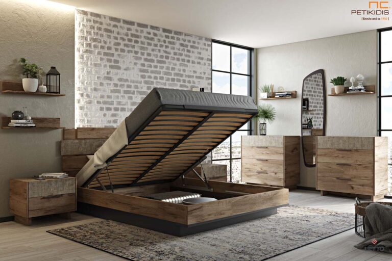 Κρεβατοκάμαρα Sicilia με ξύλινα πόδια, δυνατότητα προσθήκης φωτισμού led στο κεφαλάρι και το ποδαρικό. Διατίθεται και με μηχανισμό για αποθηκευτικό χώρο. Μοντέρνο minimal σχέδιο ιδανικό για μικρούς χώρους. Διαθέσιμο σε δύο χρώματα βακελίτη Μ.22 & Μ.23.Λεπτομέρεια μηχανισμού.