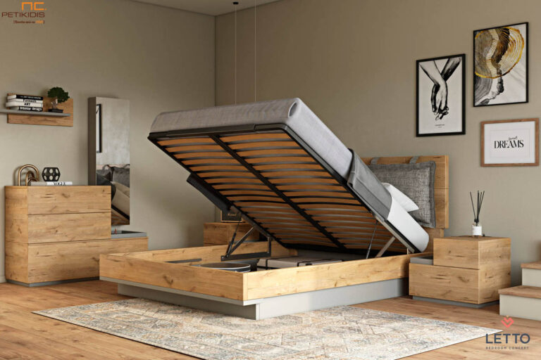 Κρεβατοκάμαρα Soho από ξύλο ρουστίκ δρυς, λεπτομέρειες λάκας και μεταλλικό πόδι στο κρεβάτι. Διαθέτει αποσπώμενες μαξιλάρες . Μοντέρνο και minimal style με ρουστίκ διάθεση. Διαθέτει προαιρετικά τη δυνατότητα μηχανισμού αποθηκευτικού χώρου στο κρεβάτι