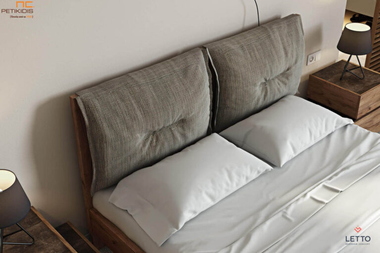 Κρεβατοκάμαρα Loft από τεχνητό καπλαμά με μαξιλάρες στο κεφαλάρι. Οι μαξιλάρες είναι αποσπώμενες για εύκολο καθάρισμα. Μοντέρνο style ιδανικό για μικρούς χώρους. Λεπτομέρεια μαξιλαριών.