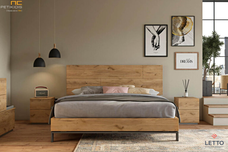 Κρεβατοκάμαρα Soho από ξύλο ρουστίκ δρυς, λεπτομέρειες λάκας και μεταλλικό πόδι στο κρεβάτι. Διαθέτει αποσπώμενες μαξιλάρες αν αφαιρεθούν δίνουν άλλη εικόνα στο κρεβάτι. Μοντέρνο και minimal style με ρουστίκ διάθεση.