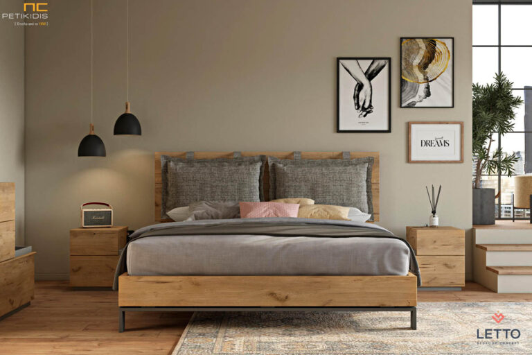 Κρεβατοκάμαρα Soho από ξύλο ρουστίκ δρυς, λεπτομέρειες λάκας και μεταλλικό πόδι στο κρεβάτι. Διαθέτει αποσπώμενες μαξιλάρες για εύκολο καθάρισμα. Μοντέρνο και minimal style με ρουστίκ διάθεση.