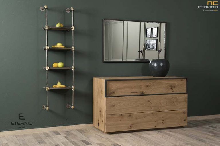 Τουαλέτα και καθρέπτης κρεβατοκάμαρας Albero σε ξύλο δρυς ρουστίκ και λεπτομέρεια λάκας.