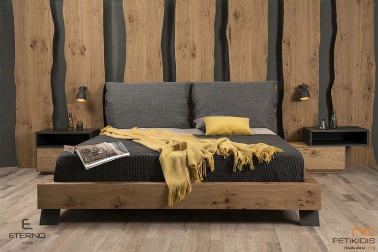 Κρεβατοκάμαρα Box με υφασμάτινο κεφαλάρι κατασκευασμένο από ξύλο δρυς ρουστίκ, λεπτμέρεια λάκας στα κομοδίνα και μεταλλικά πόδια