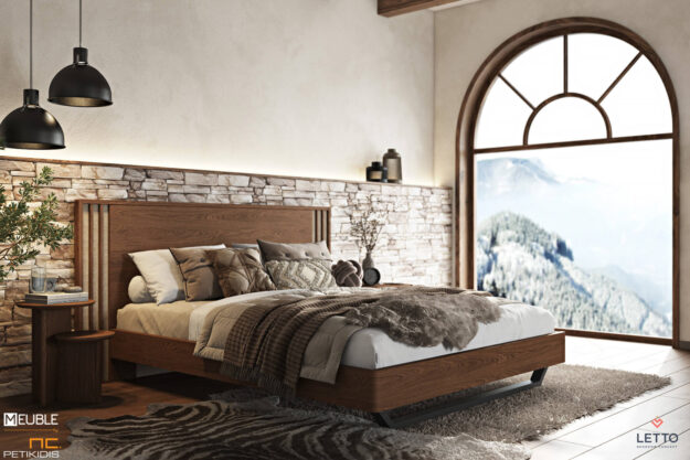 Μοντέρνες Κρεβατοκάμαρες Letto Κρεβατοκάμαρα Cliff collection D16 σε μοντέρνο και minimal style κατασκευασμένη με καπλαμά φυσικού ξύλου δρυς, μασίφ σιδερένια βάση και στοιχεία ψάθας στο κεφαλάρι.