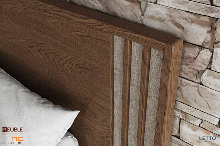 Letto Κρεβατοκάμαρα Cliff collection D16 σε μοντέρνο και minimal style κατασκευασμένη με καπλαμά φυσικού ξύλου δρυς, μασίφ σιδερένια βάση και στοιχεία ψάθας στο κεφαλάρι. Λεπτομέρεια κεφαλαριού.