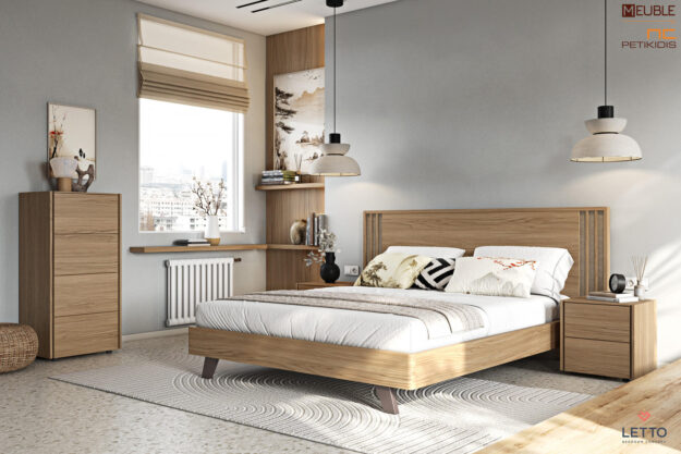 Μοντέρνες Κρεβατοκάμαρες Letto Κρεβατοκάμαρα Cliff collection DR01 σε μοντέρνο και minimal style κατασκευασμένη από φυσικό ξύλο δρυς, μασίφ ξύλινα πόδια και στοιχεία ψάθας στο κεφαλάρι.